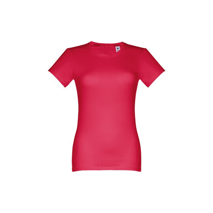 THC ANKARA WOMEN promotional t-shirt in red (detail view) with custom logo branding