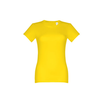 THC ANKARA WOMEN promotional t-shirt in yellow (detail view) with custom logo branding