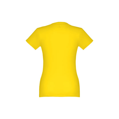 THC ANKARA WOMEN promotional t-shirt in yellow (detail view) with custom logo branding