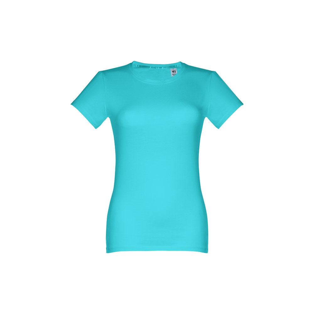 THC ANKARA WOMEN promotional t-shirt in turquoise blue (detail view) with custom logo branding