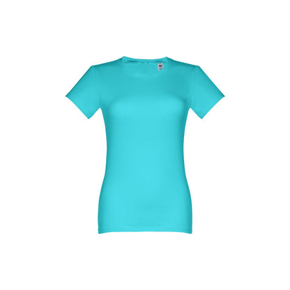 THC ANKARA WOMEN promotional t-shirt in turquoise blue (detail view) with custom logo branding