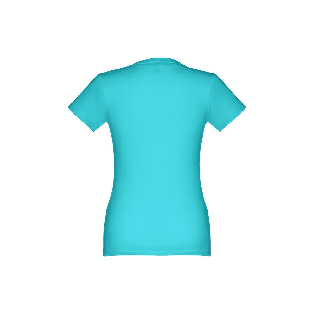 THC ANKARA WOMEN promotional t-shirt in turquoise blue (detail view) with custom logo branding