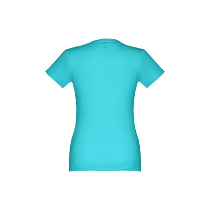 THC ANKARA WOMEN promotional t-shirt in turquoise blue (detail view) with custom logo branding