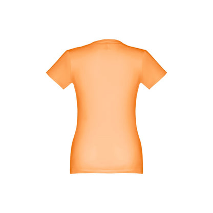 THC ANKARA WOMEN promotional t-shirt in coral orange (detail view) with custom logo branding