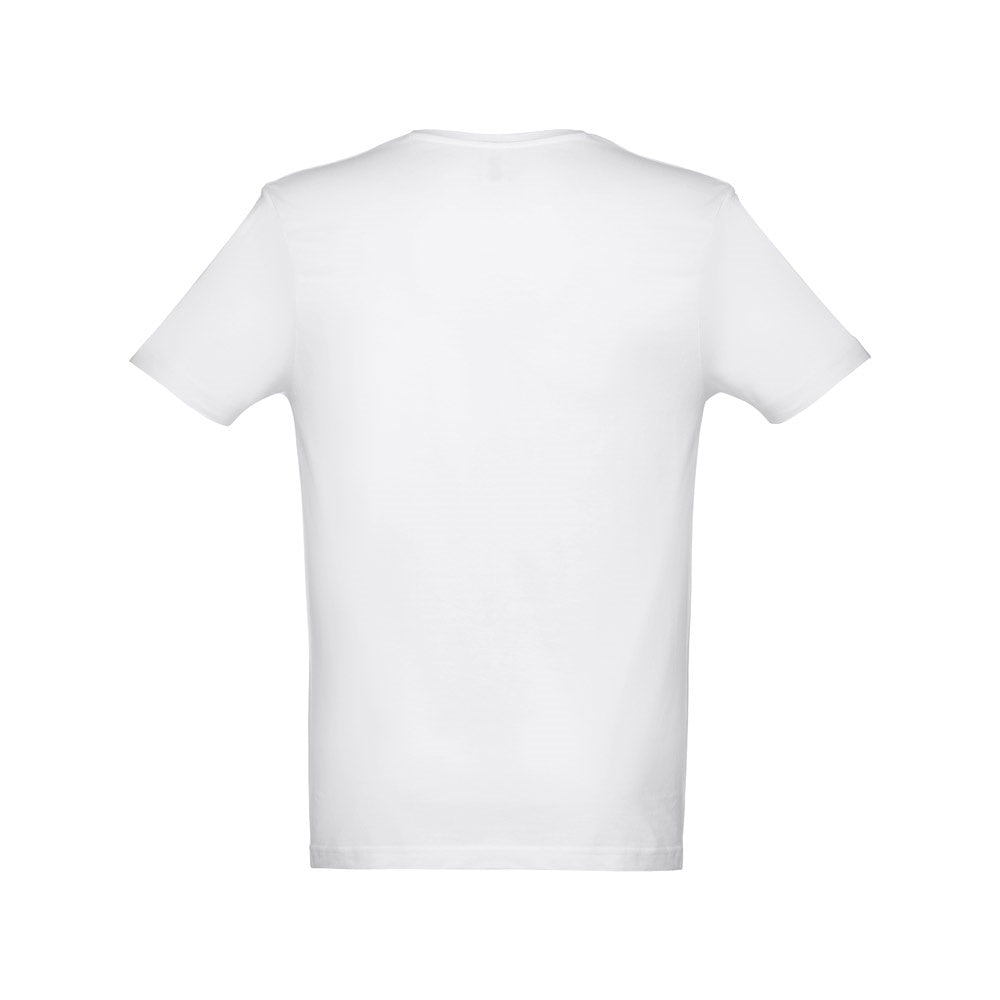 THC ATHENS WH promotional t-shirt in white (detail view) with custom logo branding