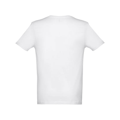 THC ATHENS WH promotional t-shirt in white (detail view) with custom logo branding
