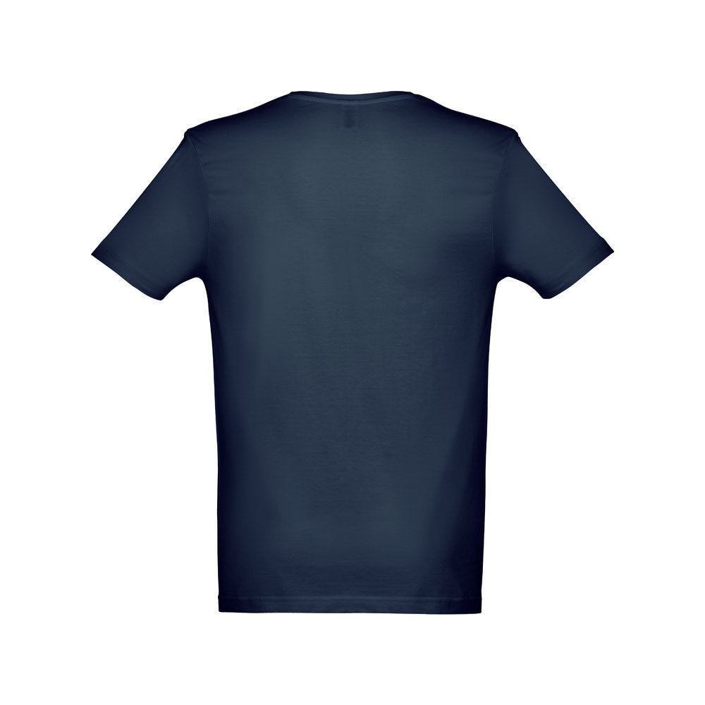THC ATHENS promotional t-shirt in blue (detail view) with custom logo branding