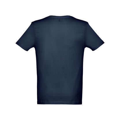 THC ATHENS promotional t-shirt in blue (detail view) with custom logo branding