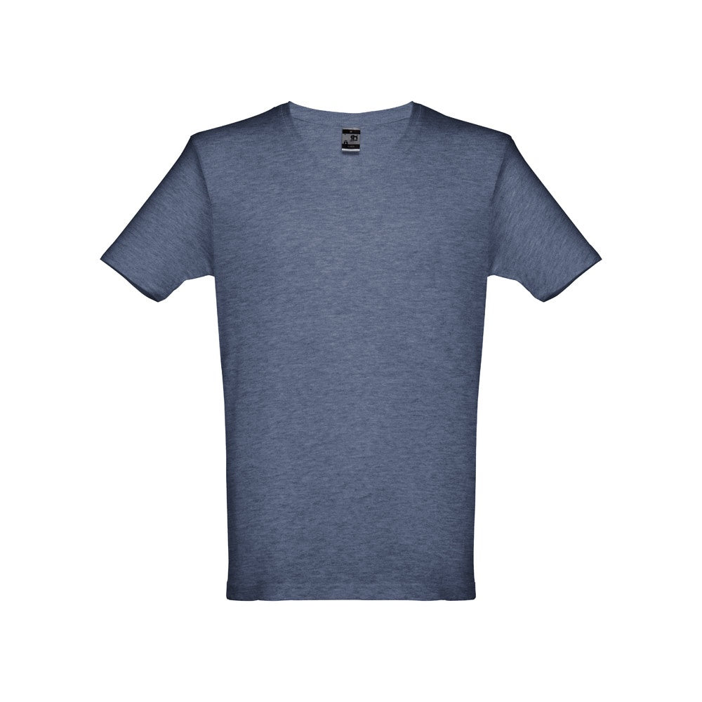 THC ATHENS promotional t-shirt in heather blue (detail view) with custom logo branding