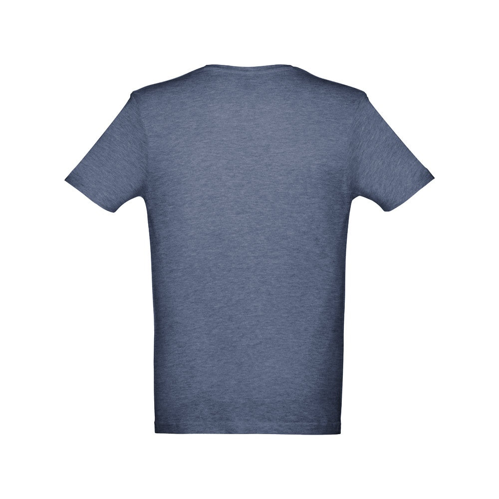 THC ATHENS promotional t-shirt in heather blue (detail view) with custom logo branding