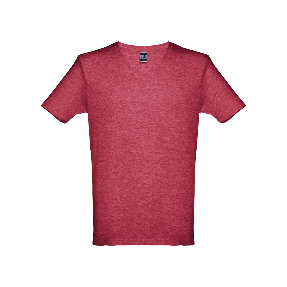 THC ATHENS promotional t-shirt in heather red (detail view) with custom logo branding
