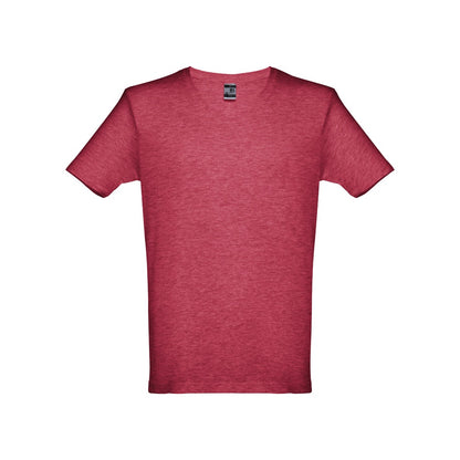 THC ATHENS promotional t-shirt in heather red (detail view) with custom logo branding