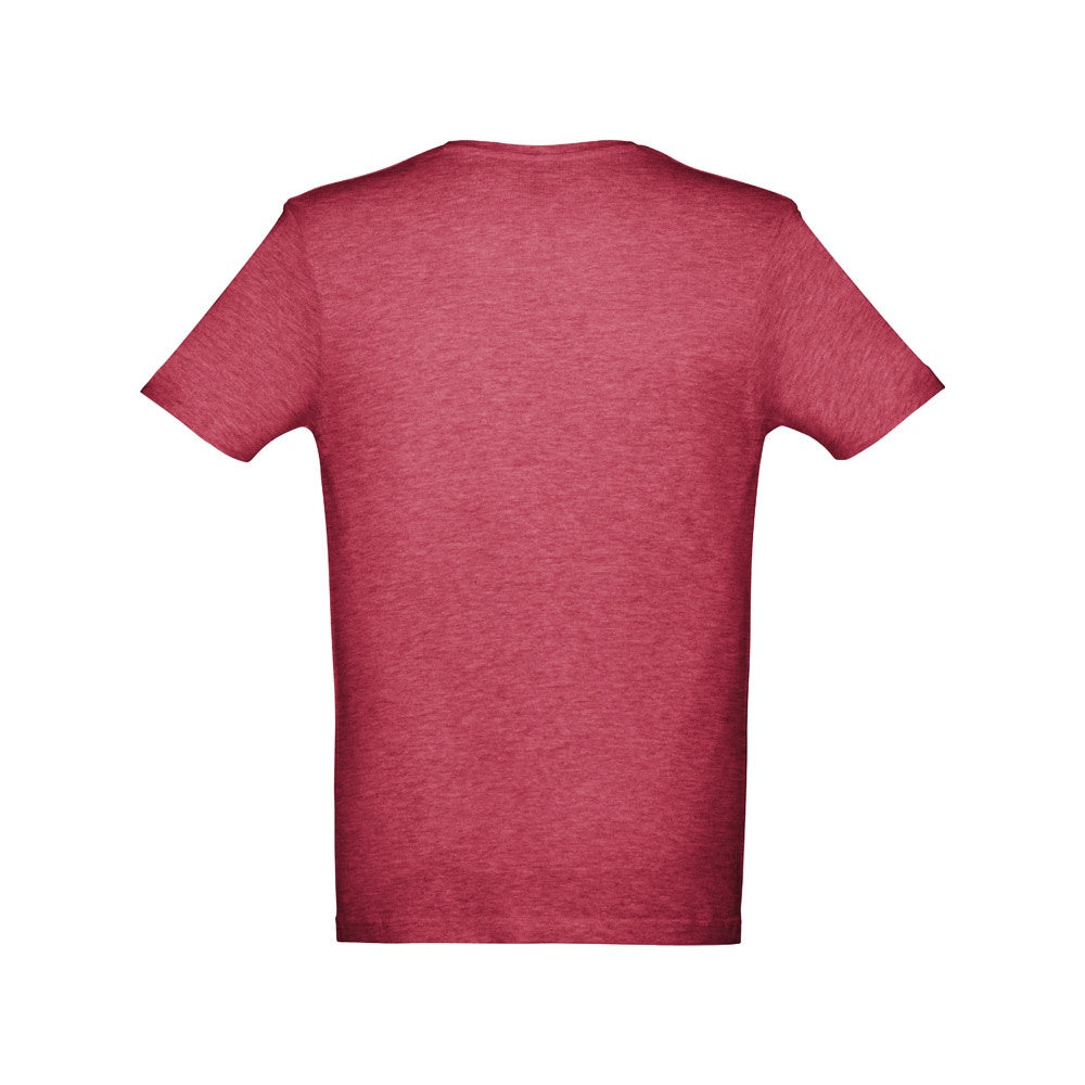 THC ATHENS promotional t-shirt in heather red (detail view) with custom logo branding