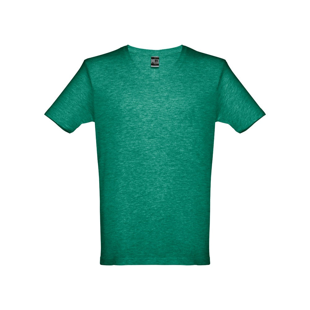 THC ATHENS promotional t-shirt in heather green (detail view) with custom logo branding