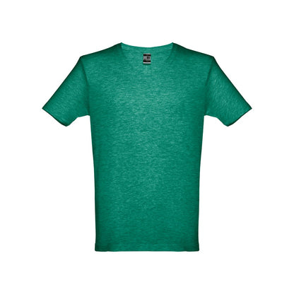 THC ATHENS promotional t-shirt in heather green (detail view) with custom logo branding