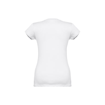 THC ATHENS WOMEN WH promotional t-shirt in white (detail view) with custom logo branding
