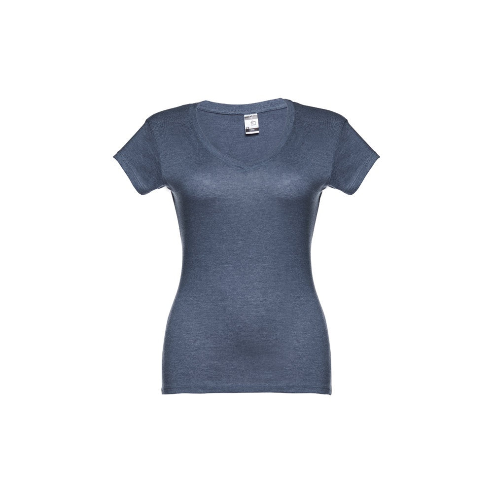 THC ATHENS WOMEN promotional t-shirt in heather blue (detail view) with custom logo branding