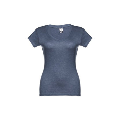 THC ATHENS WOMEN promotional t-shirt in heather blue (detail view) with custom logo branding