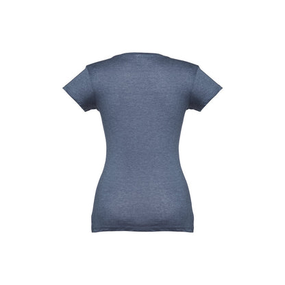 THC ATHENS WOMEN promotional t-shirt in heather blue (detail view) with custom logo branding