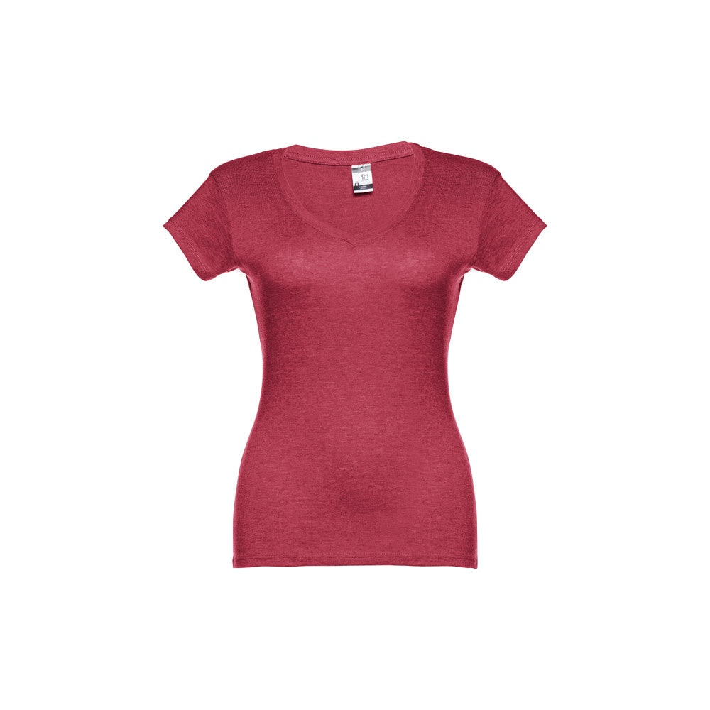 THC ATHENS WOMEN promotional t-shirt in heather red (detail view) with custom logo branding