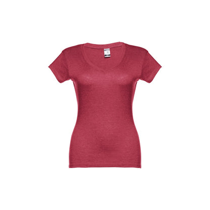 THC ATHENS WOMEN promotional t-shirt in heather red (detail view) with custom logo branding