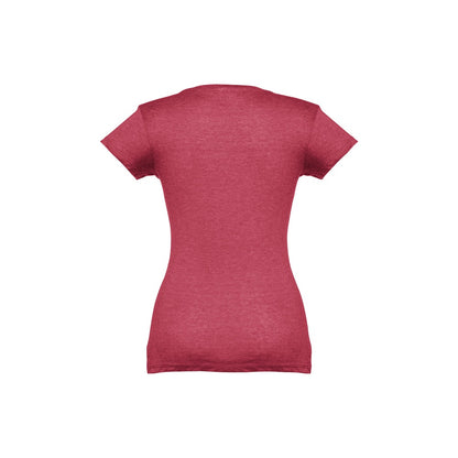 THC ATHENS WOMEN promotional t-shirt in heather red (detail view) with custom logo branding