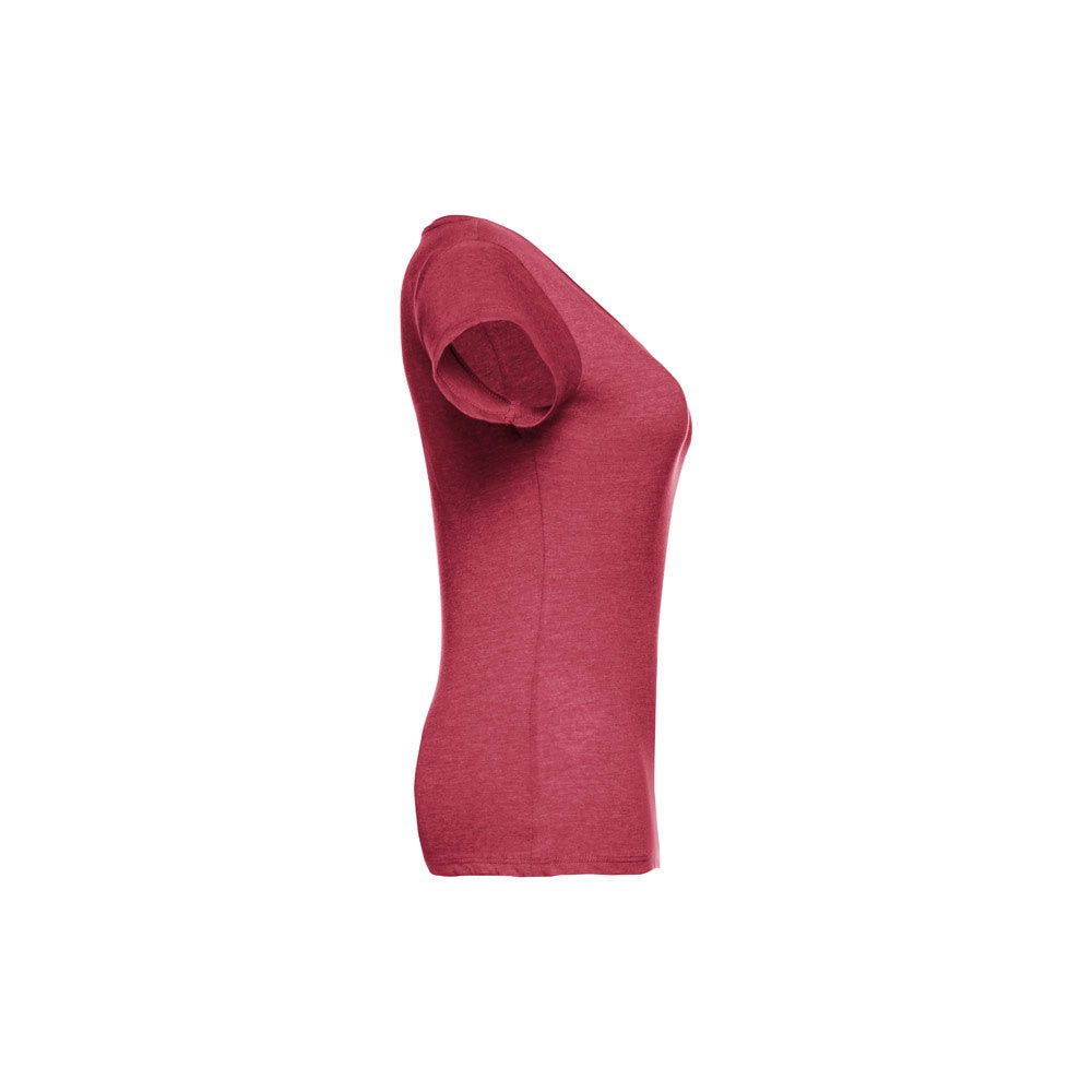 THC ATHENS WOMEN promotional t-shirt in heather red (detail view) with custom logo branding