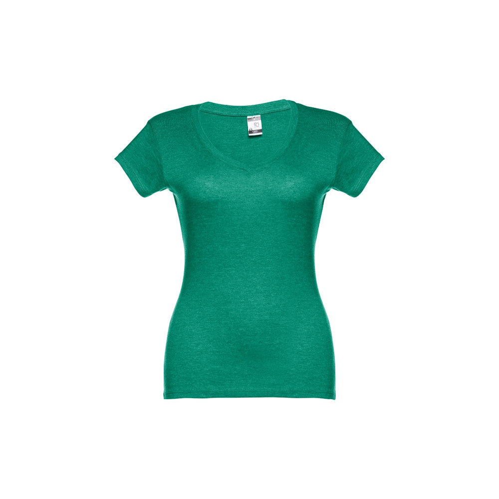 THC ATHENS WOMEN promotional t-shirt in heather green (detail view) with custom logo branding
