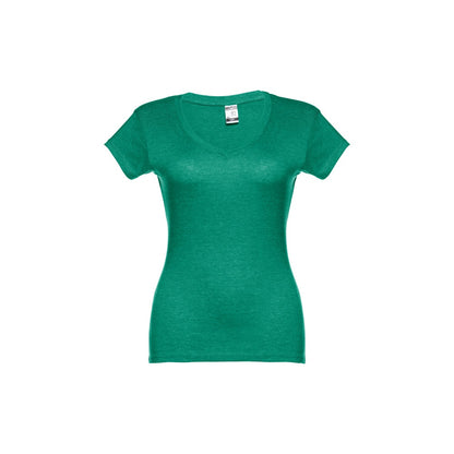 THC ATHENS WOMEN promotional t-shirt in heather green (detail view) with custom logo branding