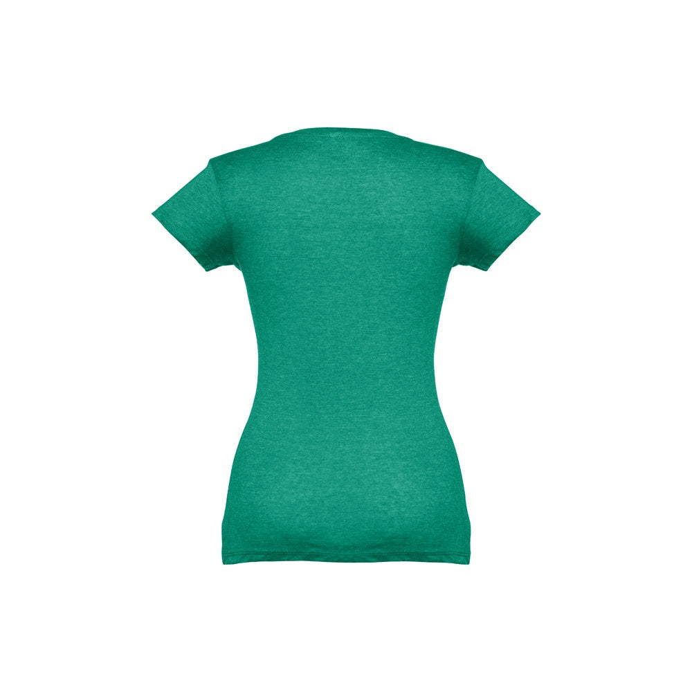 THC ATHENS WOMEN promotional t-shirt in heather green (detail view) with custom logo branding