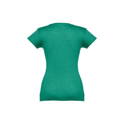 THC ATHENS WOMEN promotional t-shirt in heather green (detail view) with custom logo branding