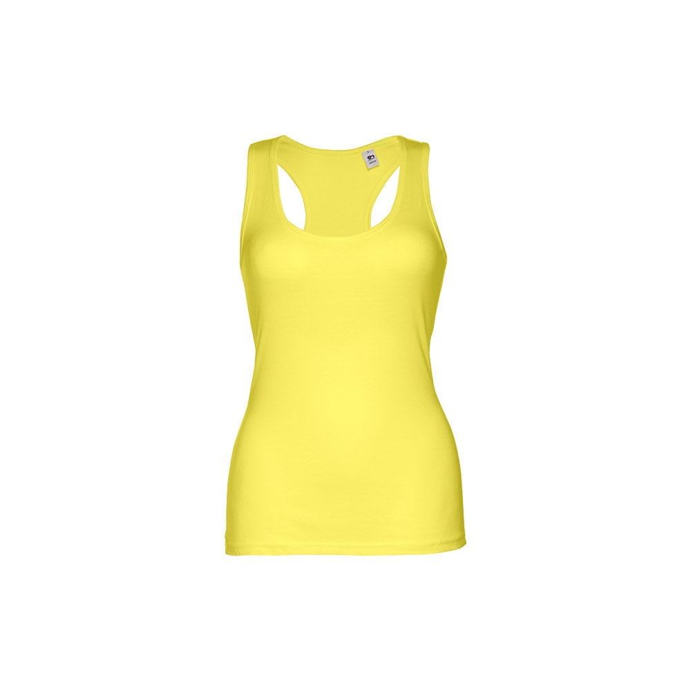 THC TIRANA promotional t-shirt in lime yellow (detail view) with custom logo branding