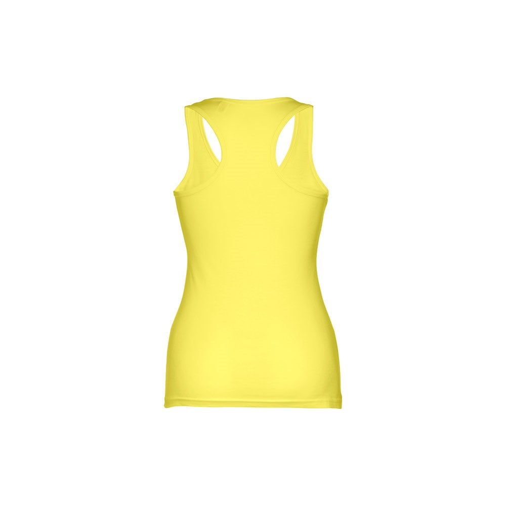 THC TIRANA promotional t-shirt in lime yellow (detail view) with custom logo branding
