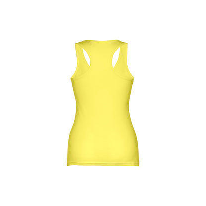 THC TIRANA promotional t-shirt in lime yellow (detail view) with custom logo branding
