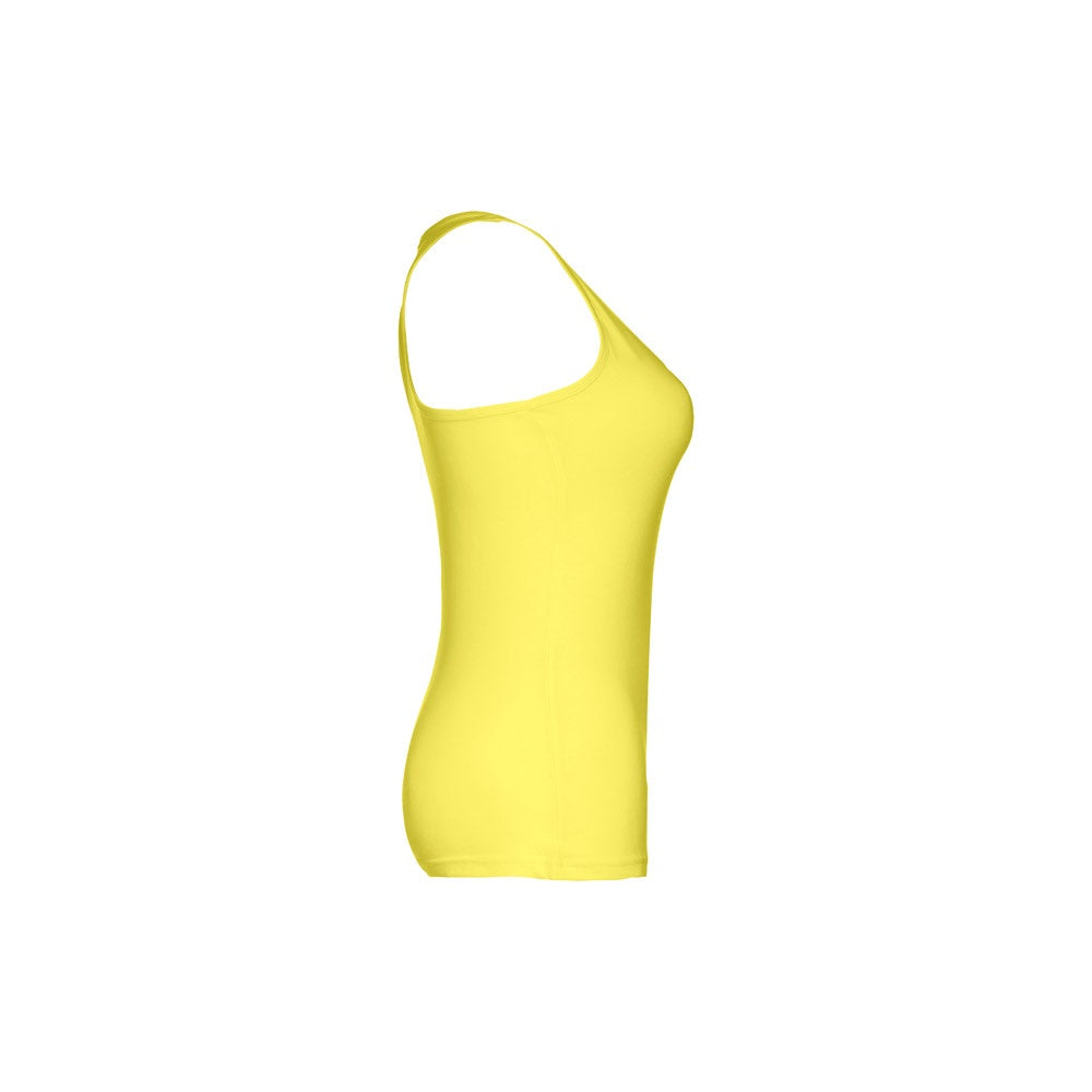 THC TIRANA promotional t-shirt in lime yellow (detail view) with custom logo branding