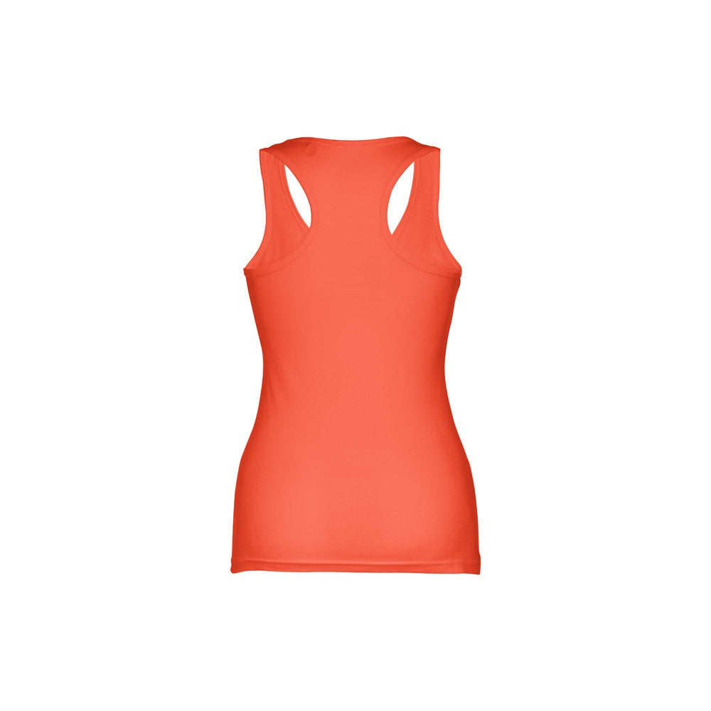 THC TIRANA promotional t-shirt in coral orange (detail view) with custom logo branding