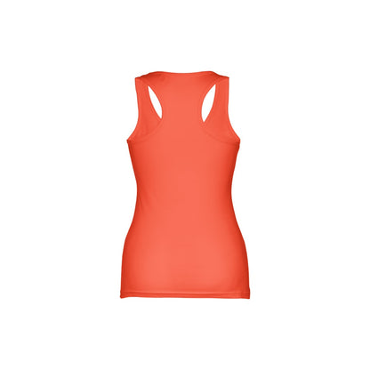 THC TIRANA promotional t-shirt in coral orange (detail view) with custom logo branding