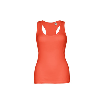 THC TIRANA promotional t-shirt in coral orange with custom logo branding