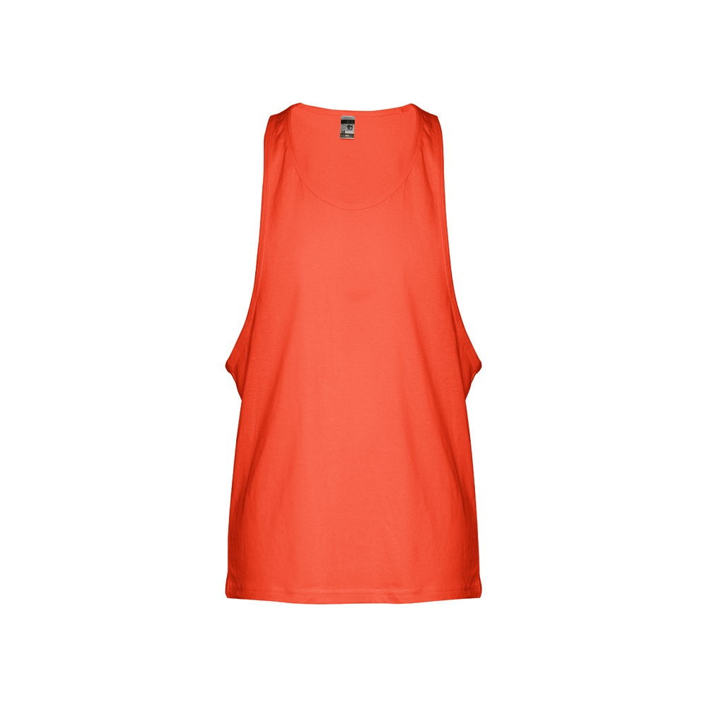 THC IBIZA promotional t-shirt in coral orange (detail view) with custom logo branding