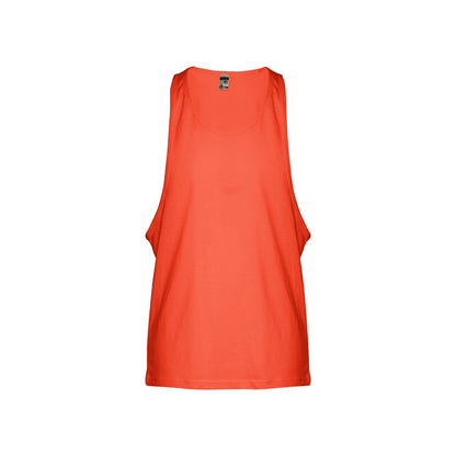 THC IBIZA promotional t-shirt in coral orange (detail view) with custom logo branding