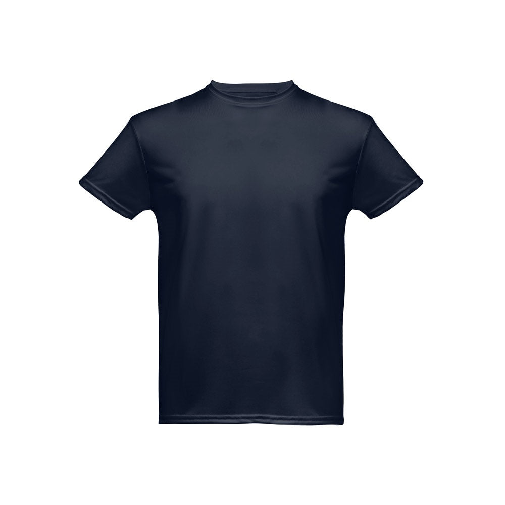 THC NICOSIA promotional t-shirt in navy blue (detail view) with custom logo branding