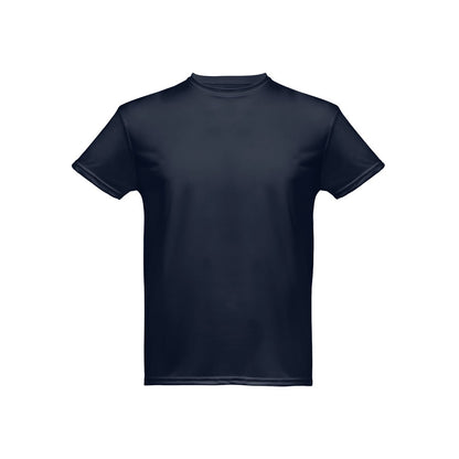 THC NICOSIA promotional t-shirt in navy blue (detail view) with custom logo branding