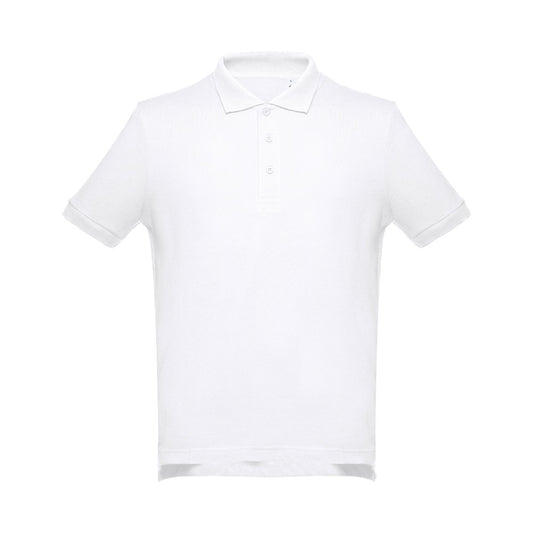 THC ADAM WH promotional polo shirt in white (detail view) with custom logo branding
