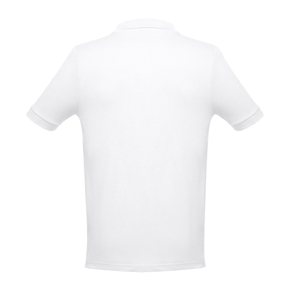 THC ADAM WH promotional polo shirt in white (detail view) with custom logo branding