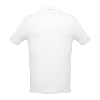 THC ADAM WH promotional polo shirt in white (detail view) with custom logo branding