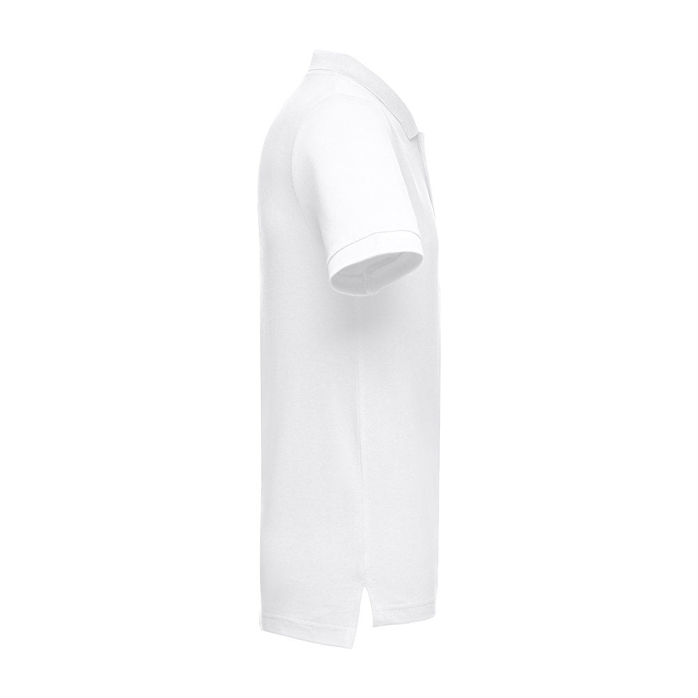 THC ADAM WH promotional polo shirt in white (detail view) with custom logo branding