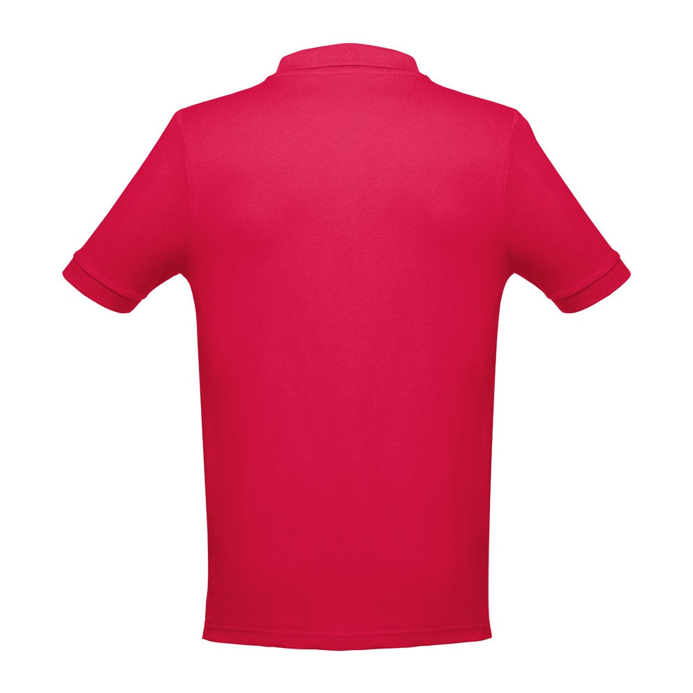 THC ADAM promotional polo shirt in red (detail view) with custom logo branding