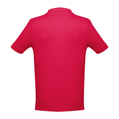 THC ADAM promotional polo shirt in red (detail view) with custom logo branding