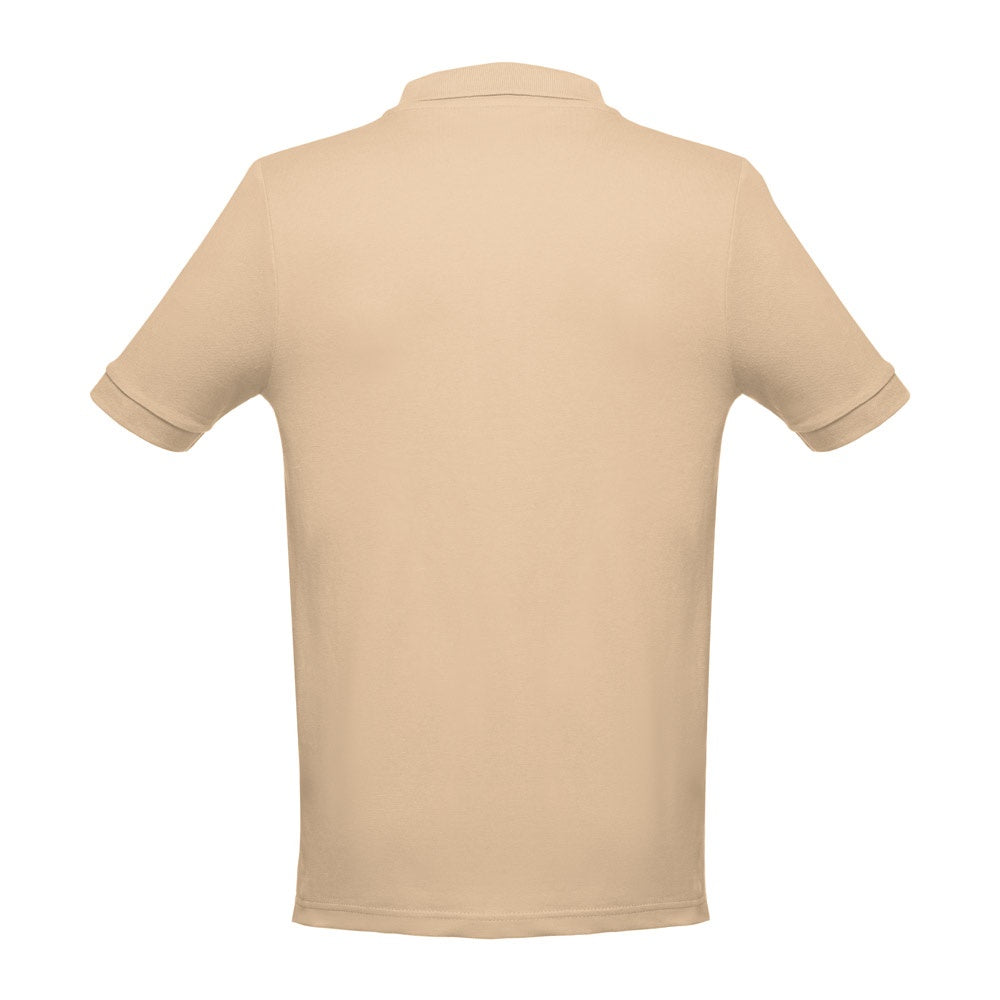 THC ADAM promotional polo shirt in light brown (detail view) with custom logo branding