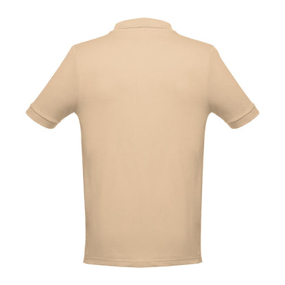 THC ADAM promotional polo shirt in light brown (detail view) with custom logo branding